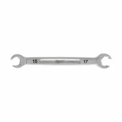 This double-end flare nut wrench features 6-point standard heads in 15 mm and 17 mm sizes. It is constructed from chrome vanadium steel with a chrome finish. The wrench is designed for tightening or loosening flare nuts on refrigeration, HVAC, and plumbing systems.