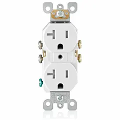 This duplex general-purpose receptacle is rated for 20A at 125V AC with a NEMA 5-20 configuration. It features a 2-pole/3-wire design and a white finish. Suitable for powering equipment in commercial and industrial environments such as offices, workshops, and retail spaces.
