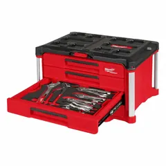 This 64-piece hand tool set includes locking pliers, Phillips screwdrivers, a drive tool, and adjustable wrenches, all stored in a portable tool box. The set features a 1/2 in socket drive size and is compatible with both Metric and SAE fasteners. Suitable for general maintenance, repair, and assembly tasks.