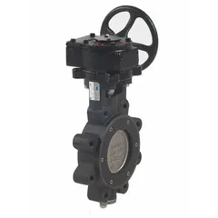 This carbon steel high-performance butterfly valve features a lug-style body and an RPFTE liner. It is equipped with a gear-operated handwheel and rated for a maximum pressure of 285 psi CWP. Suitable for use in industrial piping systems requiring shut-off and flow control.