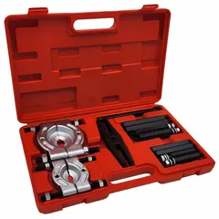 This bearing splitter set is used to remove bearings, gears, and pulleys from shafts in industrial maintenance and repair applications. It features a bar-type puller head with forcing screw and has a minimum spread of 2 5/8 in and a maximum spread of 3 3/8 in.