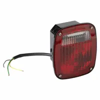 LED combination light for stop, turn, and tail functions. Clear lens with red LED output. Square shape with stud mount for permanent installation. Features blunt cut wires for electrical connection. Complies with FMVSS 108 standards