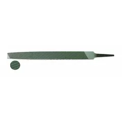 Tapered chip-breaking rectangular file with second cut coarseness. Length without tang: 12 in, width: 1 3/16 in, thickness: 15/64 in. Suitable for general-purpose filing and deburring on metals in industrial machining and fabrication applications.