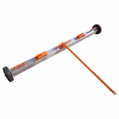 This push-type magnetic sweeper features a 72-inch magnet length and 4-inch magnet height for collecting ferrous debris from floors and worksites. The lever-type magnet release allows easy cleaning of accumulated metal. Includes eyebolts and rubber components for operation.