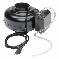 4-inch in-line duct fan with galvanized steel housing and IP44 rating. Powered by a 115V AC, 84 W, single-phase standard-efficiency motor. Delivers up to 153 cfm airflow at 0.000 in static pressure. Includes mounting bracket; speed controllable. Suitable for boosting airflow in residential or light-commercial ventilation systems such as bathroom exhaust or dryer duct runs.