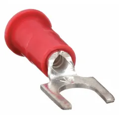 Insulated fork terminal from the TR Series with a funnel barrel and block fork design. Rated for 1000V, it accepts 22 AWG to 18 AWG wire and fits #8 studs. Used for secure, removable connections in control panels, junction boxes, and industrial equipment.