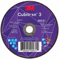 Type 1 cut-off wheel with 60 grit ceramic abrasive for cool cutting on carbon and stainless steel. Measures 3" diameter, 0.035" thickness, 3/8" arbor hole. Suitable for metal fabrication and maintenance tasks requiring reduced heat buildup