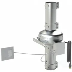 This in-line duct fan is designed for boosting airflow in 4-inch ducts, suitable for dryer exhaust ventilation in residential and light commercial settings. It delivers up to 153 cfm, operates on 120V AC single-phase power at 84 W, and includes a 6 ft power cord. The galvanized steel housing carries an IP44 rating, and the standard-efficiency motor is speed controllable.