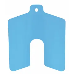 Untabbed slotted shim, 0.005" thick, AA trade size, 1" length, 1" width, blue color. Pack of 20. Width tolerance +/-0.030 in, length tolerance +/-0.030 in, thickness tolerance +/-0.00025 in. Used for precise alignment and gap adjustment in assemblies such as mounting motors, pumps, or gearboxes; slotted design allows installation without full disassembly.