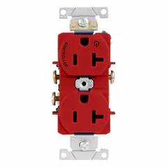 General purpose duplex receptacle rated 20 A at 125 V AC, 2-pole/3-wire grounding with NEMA 5-20R configuration. Red nylon face indicates dedicated or special-purpose circuit. Suitable for powering equipment and tools in commercial and industrial environments.
