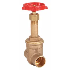 This bronze gate valve features a rising stem and wheel handle for manual on/off flow control. With sweat x sweat connections, it is suited for use in plumbing and HVAC systems. The bronze wedge and bonnet provide corrosion resistance, and the valve is rated for a maximum pressure of 200 psi CWP.