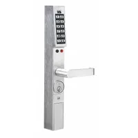 This electronic keyless lockset features a chrome finish and clutch lever style. Access is via proximity reader or keypad, with an interchangeable core key override. Suitable for commercial and industrial door access control applications