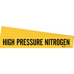 Yellow adhesive pipe marker with black legend text reading 'High Pressure Nitrogen'. Designed for pipe outer diameters of 8 inches and larger. Supplied without directional arrows. Pack of 5 markers for identifying high-pressure nitrogen lines in industrial piping systems.