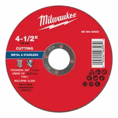 This MILWAUKEE cut-off wheel is a Type 1 general purpose wheel for cutting carbon and stainless steel. It measures 4-1/2" diameter by 0.045" thickness with a 7/8" arbor hole, and features aluminum oxide abrasive with 46 grit. Suitable for use on sheet metal, pipe, and structural steel in metal fabrication and maintenance tasks.