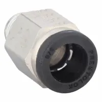 Nickel-plated brass push-to-connect tube fitting with male NPTF thread. Connects 3/8 in OD tubing to 1/8 in pipe threads. Suitable for pneumatic systems, lubrication lines, and low-pressure fluid transfer requiring tool-free assembly and corrosion resistance