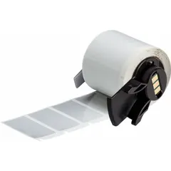 Silver polyester precut label roll measuring 1 1/2 in x 3/4 in. Halogen-free material. Compatible with Brady M611 printer series. Used for industrial identification, asset tracking, cable marking, and safety labeling.