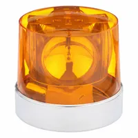 Amber round flashing beacon with stud mount, operating at 12V DC. Features blunt cut wires for electrical connection and an SAE Class 1 lighting rating. Overall height 8 1/4 in, width 8 7/16 in. Suitable for warning and signaling on vehicles requiring high-visibility lighting