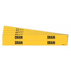 Yellow adhesive pipe markers with black 'Drain' legend, designed for identifying drain lines in industrial piping systems. Each marker fits pipe outer diameters from 3/4 to 2-3/8 inches. Pack includes 5 sets of 4 markers without directional arrows.