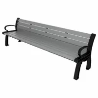 This outdoor bench from the Heritage series features a gray resinwood seat and a black frame. Overall dimensions are 96 inches length and 30 inches height. Suitable for public seating in parks, transit stations, and commercial plazas