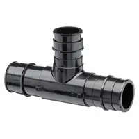This ZURN expansion polymer barbed tee fitting connects PEX tubing in plumbing systems. It features three barbed ends: two with 1-1/2 in ID and one with 1-1/4 in ID. The expansion connection method ensures a secure joint for water supply distribution