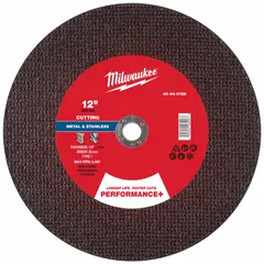 General purpose cut-off wheel for carbon and stainless steel. Type 1 design with 12" diameter, 1/8" thickness, 30 grit aluminum oxide abrasive, and 20 mm arbor. Suitable for metal fabrication, maintenance, and repair cutting applications.