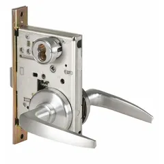 This classroom lever lockset features a satin chromium-plated stainless steel finish with a 40H rose. It is ADA compliant and uses an interchangeable core. The ANSI F05 function allows key-retracted locking from the outside while the inside lever always opens, suitable for interior doors in educational facilities.