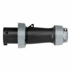 This LEVITON washdown-rated pin and sleeve plug is rated for 600V AC, 60 A, three-phase, with 3 poles and 4 wires. It features IEC grounding and is designed for industrial environments requiring water resistance. Typical applications include connecting three-phase equipment in wet or dusty industrial settings.