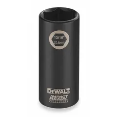 This DEWALT impact socket features a 1/2" drive, 7/16" SAE size, 6-point deep design, and black oxide finish. It is used for fastening and loosening nuts and bolts with impact wrenches in automotive, construction, and industrial applications.