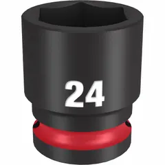 This 1/2" drive impact socket features a 24 mm metric, 6-point design for use with impact wrenches. It is suited for fastening and loosening hex fasteners in heavy-duty applications such as automotive repair, construction, and industrial maintenance. The black phosphate finish provides corrosion resistance.