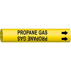 Yellow snap-on pipe marker with black legend reading 'Propane Gas' and directional arrows. Fits pipe outer diameters of 4 to 6 inches. Used to identify propane gas lines in industrial piping systems for safety and compliance.
