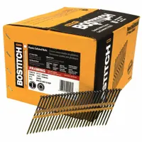 Collated framing nails with 3-1/4 in overall length, flat smooth shank, and diamond point. Suitable for use in pneumatic nailers for wood framing applications such as wall, roof, and deck construction. Pack of 4,000