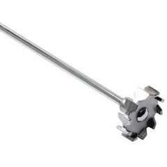 This overhead stirrer impeller features a turbine blade shape for efficient mixing and homogenization of liquids. With a 1/4-inch shaft diameter and 15 3/4-inch shaft length, it is suited for laboratory and industrial stirring applications.