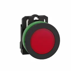 Red LED pilot light from the SCHNEIDER XB5 series with a 30 mm panel mounting size. Used as a visual status indicator on industrial control panels to signal machine status, alarm conditions, or process states. This model does not include a push-to-test feature.