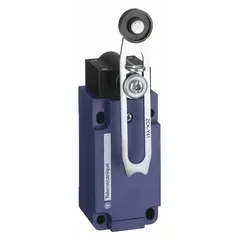 Roller lever-arm limit switch from the XCKS series with a 0.22 in roller width and 0.75 in arm width. Electrical connection via screw clamp terminals. Used in industrial automation to detect the presence or position of moving parts on conveyor systems, packaging machinery, and material handling equipment.