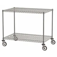 Mobile wire shelving unit for dry storage applications. Silver finish with chrome posts and two round steel shelves. Includes four swivel casters with polyurethane wheels for easy repositioning. Split sleeve design allows tool-free assembly