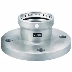 This stainless steel press pipe flange features a press-fit connection on one end and a flange on the other, with an FKM seal. It is used in commercial plumbing, HVAC, and industrial piping systems to connect 4 in pipe to an 8 in flange, providing a leak-free joint.