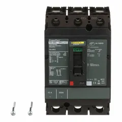 The SQUARE D HGL36015 is a 15 A, 3-pole H-Frame molded case circuit breaker rated 600V AC with a 65kA interrupting capacity at 240V AC. It features fixed line/load lug terminations and ABC phase configuration. This breaker is used for overload and short-circuit protection in panelboards, switchboards, and motor control centers.