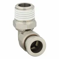 Stainless steel push-to-connect elbow fitting for 8 mm OD tubing with 1/4" BSPT male thread. Used in pneumatic systems for connecting tubing to threaded ports in industrial automation, packaging, and material handling equipment