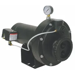 Single-phase convertible well jet pump rated for 115/230V AC and 1 hp with a 100 ft head. Constructed with thermoplastic body. Includes pressure gauge; ejector not included. Suitable for water transfer in shallow or convertible well applications.