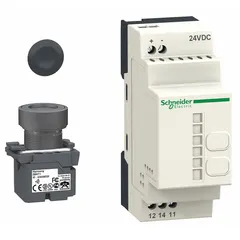 Momentary-action wireless push-button kit from the XB4R series. Includes transmitter with metal head and operator, white lens, no legend. Suitable for remote control of industrial machinery and equipment where wired connections are impractical.