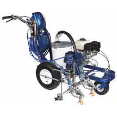 Gas-powered airless line striper for painting lines on turf surfaces. Features a 4 hp engine and adjustable line width from 2 in to 12 in. Suitable for marking athletic fields, parking lots, and municipal areas.