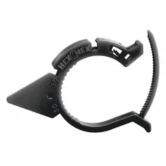 This universal loose lug nut indicator is made of black plastic and measures 4 inches in overall length. It is designed to provide a visual indication when a lug nut begins to loosen, aiding in the detection of potential wheel detachment on vehicles such as trucks, trailers, and heavy equipment.