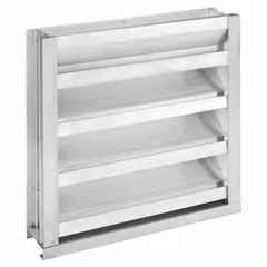 Extruded aluminum drainable stationary-blade intake louver with hat channel design. Recess mount configuration. Maximum air velocity rating of 3500 fpm. Suitable for outdoor air intake applications requiring weather protection and airflow.