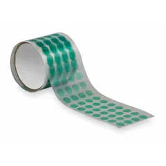 Polyester film tape discs with silicone adhesive, green color, 1/2 inch diameter, 3.2 mil thickness. Pack of 250. Used for high-temperature masking in powder coating, wave soldering, and plasma spraying.