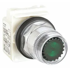 Momentary illuminated flush-mount push-button operator from the 9001K series. Features a metallic push button material and green color. Suitable for industrial control panels requiring momentary switching actions.