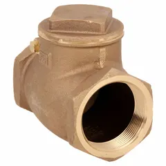 This bronze inline swing check valve features a swing disc that automatically closes to prevent backflow when flow reverses. With a 3-inch pipe size and female NPT connections on both ends, it is suited for horizontal or vertical upward flow in water, oil, and gas lines where corrosion resistance and reliable flow direction control are required.