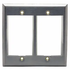 This 2-gang flat modular keystone wall plate frame is constructed of silver stainless steel. It accommodates keystone modules for data, voice, or AV connections in structured cabling installations. The horizontal orientation provides a clean interface for wall or surface box mounting.