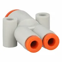 This SMC push-fit wye fitting is made of polybutylene terephthalate in white. It has three ports: two with 1/8 in OD and one with 1/4 in OD. Used in pneumatic systems to split or combine tubing lines