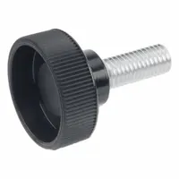 Black plastic knurled knob with a steel M6 threaded stud, 10 mm thread length. Designed for manual tightening and adjustment without tools in industrial machinery, jigs, and fixtures