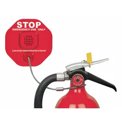 This fire extinguisher alarm features a 12 VDC powered horn that produces a loud warning signal, ranging from 109 dB at 1 ft to 98 dB at 3 ft. It is designed to alert personnel when a fire extinguisher is moved or tampered with, enhancing safety in commercial and industrial settings.